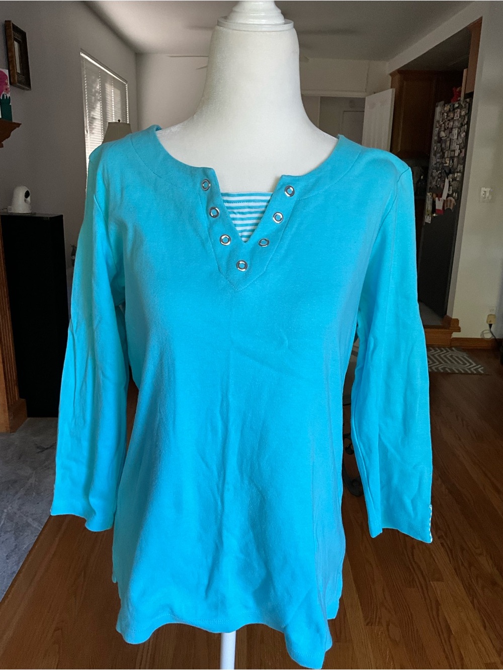 Karen Scott Blue Button-Accent cotton top with Striped Trim